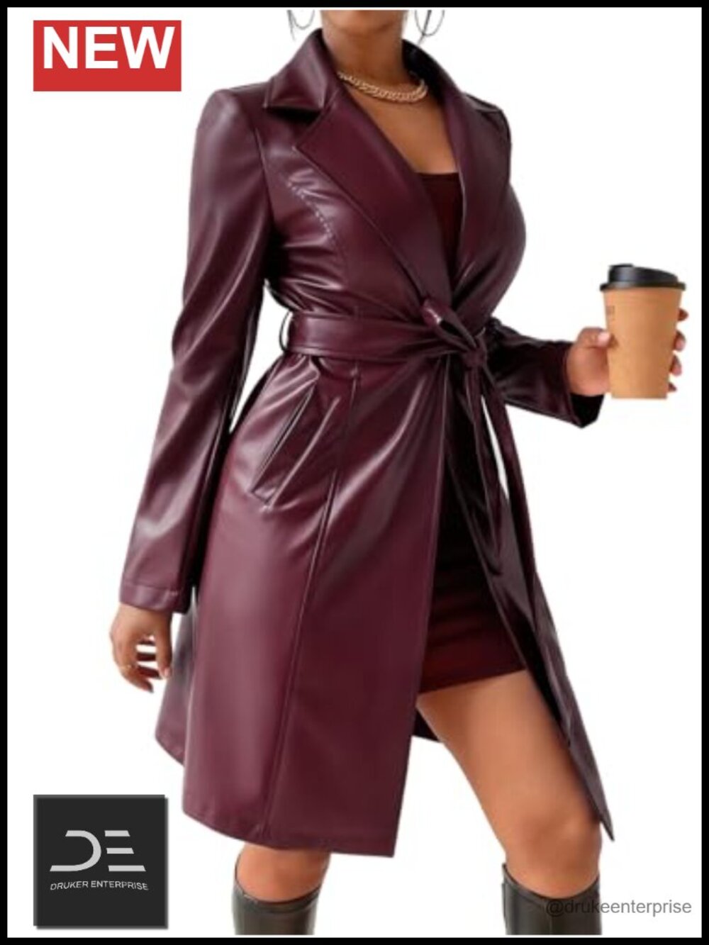Faux Leather Trench Coat Belted Lapel Long Jacket Slim Fit Women